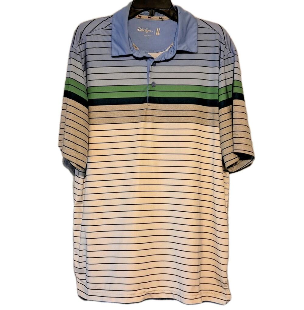 Walter Hagen 11 Majors Mens Large Golf Polo Shirt White Blue Green Striped
